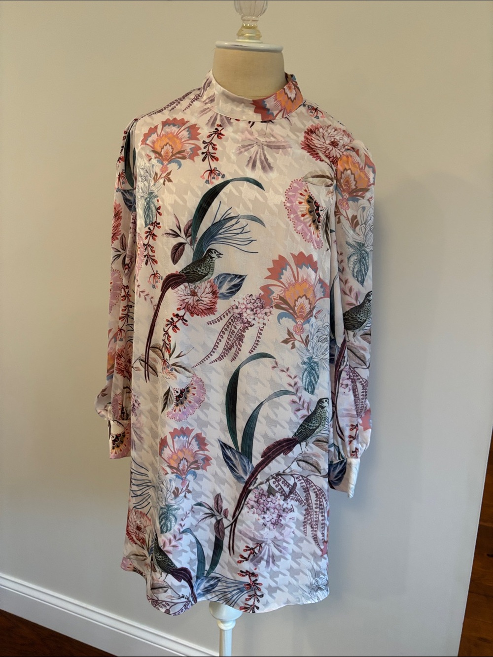 Ted Baker Blush Floral & Bird Mock-Neck Long Sleeve Dress